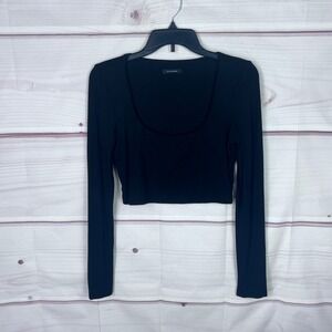 JLux Label Top Womens M Black Double Knit T-Shirt Cropped Long Sleeve Scoop Neck